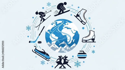 Winter sports icons arranged around a globe with mountains representing global winter activities and athletic competition perfect for sports websites and seasonal promotions