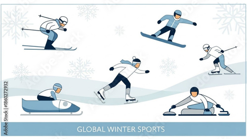 Collection of winter sports icons including skiing snowboarding ice skating bobsledding and curling flat vector illustrations for sports concepts