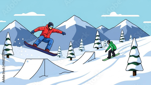 Snowboarder jumping on a snowy mountain slope with trees and ramps representing winter sports and outdoor recreation