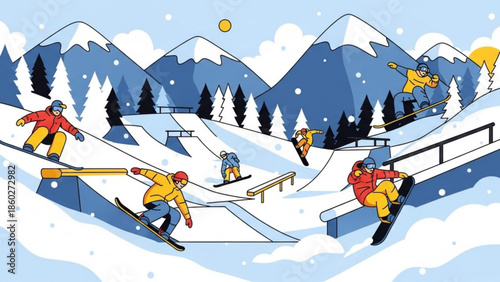 Winter snow park with skiers and snowboarders performing tricks on ramps and rails a vibrant illustration for extreme sports and active lifestyle concepts