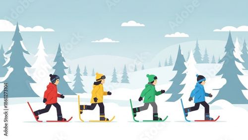 Children in winter clothing sledding down a snowy hill flat vector illustration for holiday and seasonal concepts