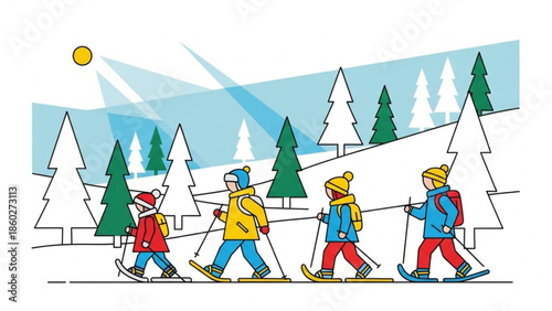 Family snowshoeing adventure in a winter forest illustration of people hiking through snow with trees and sun concept for outdoor activity and winter sports