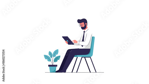 Man Sitting on Chair Using Tablet.