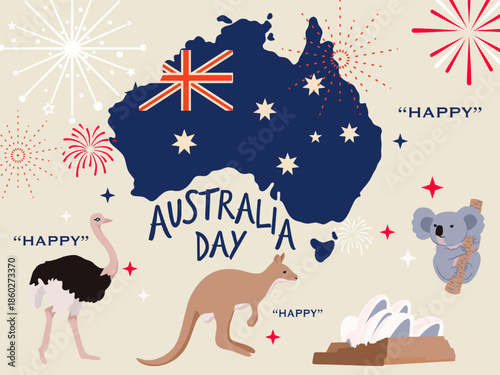Hand-drawn banner, poster, and background image for Australia National Day. Theme: Blue, Red, White. Features: Kangaroo, Koala Bear, Ostrich and Sydney Opera Hous