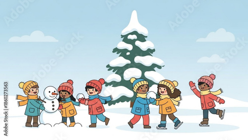 Diverse group of children playing in the snow building a snowman and ice skating winter outdoor activity illustration for seasonal concepts