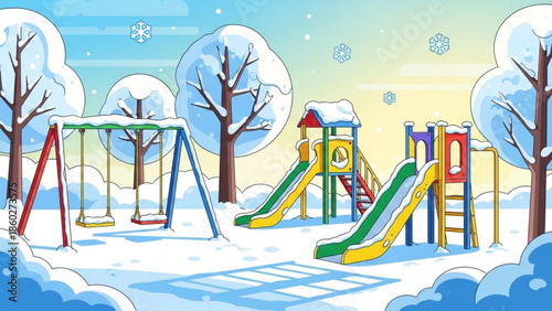 Childrens playground covered in snow featuring swings and slides perfect for winter season concepts and outdoor activity illustrations