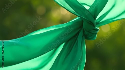 Elegant Green Silk Fabric Flowing in the Wind against a Sunny Green Background creating a Fresh