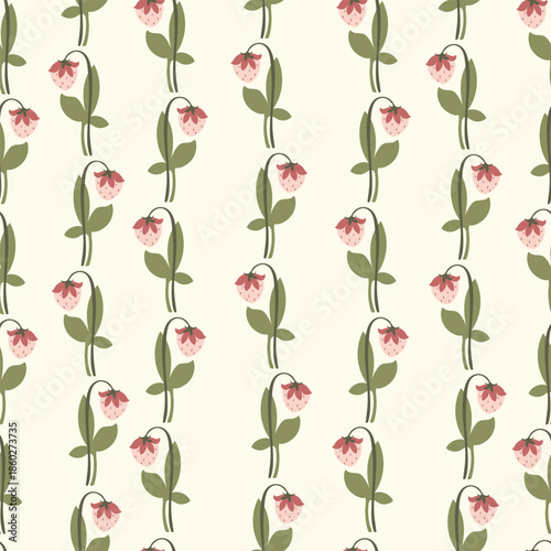 Hand drawn pattern with strawnerries on light background. Vector illustration with summer berries and green leaves.