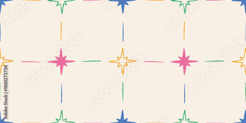 Seamless geometric pattern with colorful star shapes, abstract check or tile. Trendy vector illustration on light background, hand drawn