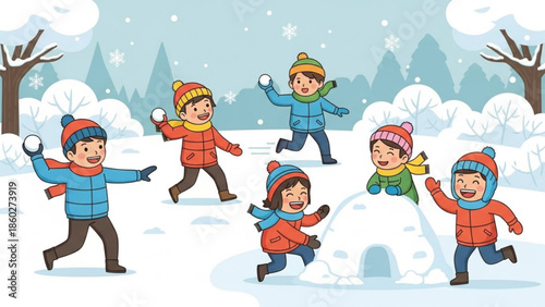 Children playing snowballs and building igloo in winter forest fun outdoor activity for kids cartoon illustration for holiday season