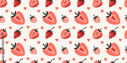 Seamless pattern with strawberries and heart shapes. Cute romantic fruit art for love and summer themes. Trendy modern vector illustration on light background, hand drawn, flat design