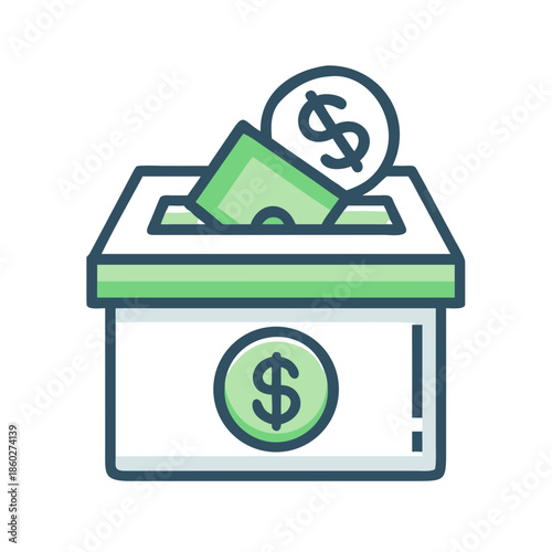 Money donation box icon illustration with cash