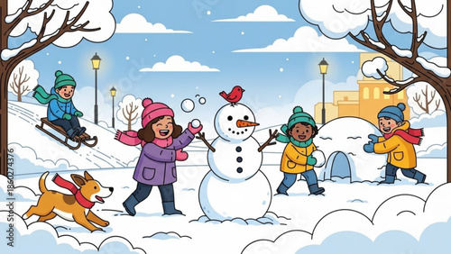 Children building a snowman and playing in the snow winter park scene with sledding and igloo joyful outdoor activity for kids