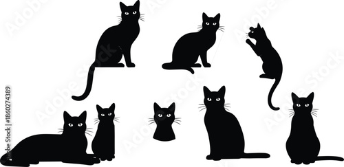 Black cat silhouettes collection, set of various feline poses including sitting, lying down, stretching, and curious kitten heads isolated on white background vector illustration.