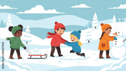 Children playing in the snow building a snowman and pulling a sled winter outdoor activity illustration for holiday season