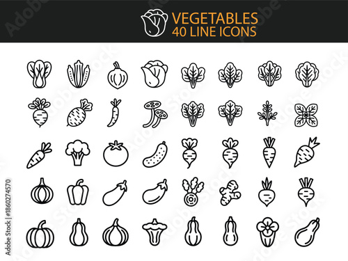 40 Line Icons Representing Various Vegetables And Produce food healthy