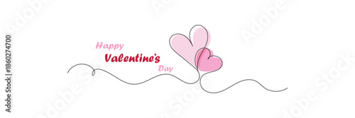 A handwritten text Happy Valentine's Day with pink heart, continuous one line drawing. Double heart wavy line. Colorful holiday banner. Vector illustration. 