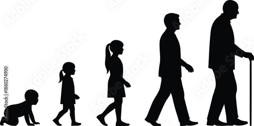 Human life cycle development silhouette from baby to senior adult, stages of growing up process, aging evolution vector illustration isolated on white background