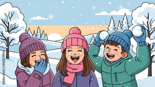 Happy children playing in the snow enjoying a winter snowball fight in a snowy landscape illustration for seasonal concepts