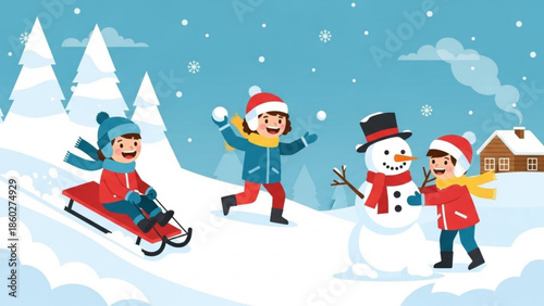 Children playing in the snow building a snowman and sledding down a hill winter outdoor activity illustration for holiday greetings and seasonal designs