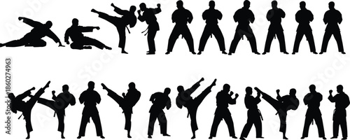 Martial arts karate silhouettes collection featuring fighter athletes in action poses, kicks, strikes, defensive stances, and combat training positions for sports vector design,