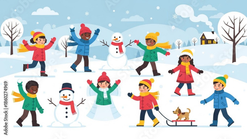 Diverse group of happy children playing in the snow building snowmen and sledding with a dog winter outdoor activity illustration for holiday season