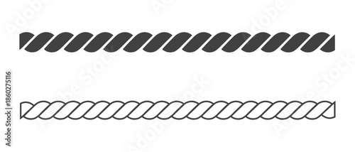 Straight rope vector isolated set with seamless rope line patterns, clean realistic rope designs for borders, dividers, nautical themes, packaging, and decorative graphic projects.