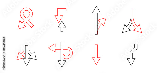 Navigation road arrows set with turning, straight, and crossroad directions, including location point marks for driving routes, map guidance, GPS navigation, and wayfinding design assets.