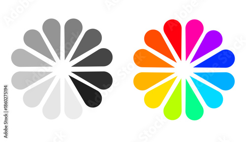 Colorful flower pie chart infographic with 1 to 12 equal segments, vibrant circular diagram showing full hue spectrum, radial color palette for data presentation, design, and learning visuals.