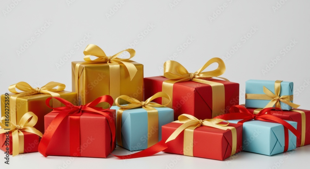 Fototapeta premium Assortment of beautifully wrapped gift boxes with ribbons in red, gold, and blue