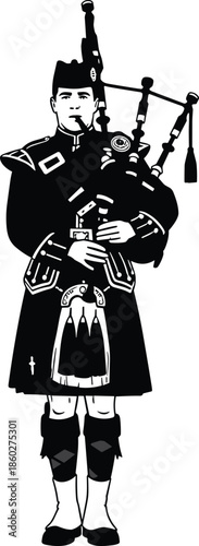 Traditional Scottish bagpiper in full ceremonial kilt dress, playing Great Highland bagpipes vector illustration, isolated black and white silhouette for heritage culture and music.