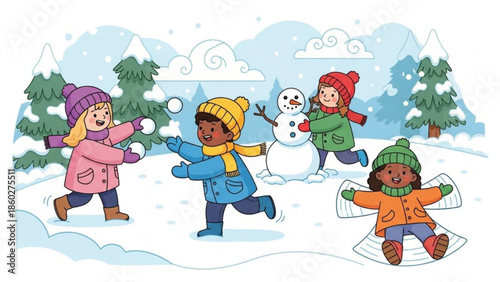 Children playing in the snow building a snowman and having a snowball fight winter outdoor activity illustration for seasonal concepts
