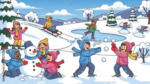 Children playing in the snow building a snowman sledding and ice skating winter outdoor activity illustration for seasonal concepts