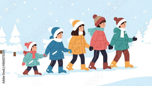 Group of diverse children in winter clothing walking in snow representing childhood family and outdoor winter activities flat illustration style