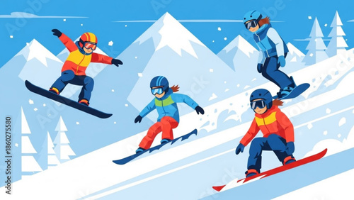 Group of diverse people snowboarding and skiing down a snowy mountain slope active winter sport illustration for adventure and recreation concepts