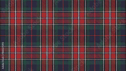 Classic tartan fabric with a traditional plaid pattern in red, green, and blue