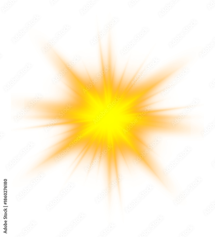 Obraz premium Golden glowing star radiates sparkling rays with soft lens flare. Transparent background ensures flexible design use. Perfect for festive banners and magical illustrations. PNG
