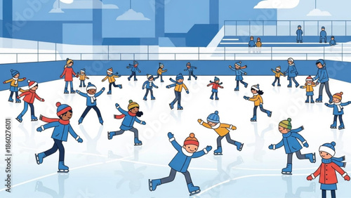 Children and adults ice skating in an indoor rink a fun winter activity for families illustration for seasonal events and recreation