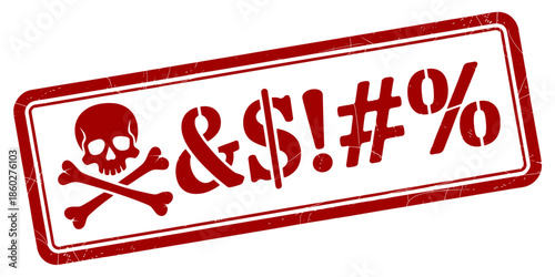 Warning: explicit content concept featuring a distressed red stamp with skull and censored symbols