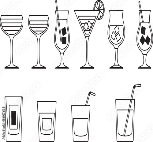 Variety of cocktail glasses and tumblers with straws and garnishes