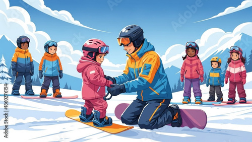 Father teaching child snowboarding in snowy mountains diverse group of kids learning winter sports concept of family fun and outdoor activity