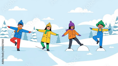 Children playing in the snow enjoying winter outdoor activities flat vector illustration for seasonal concept