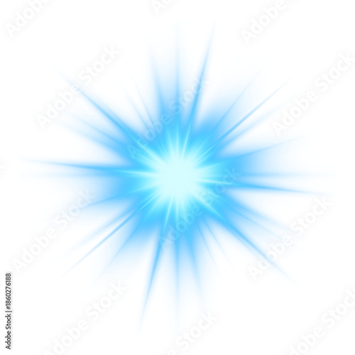 Blue glowing star explodes with neon light and sparkling particles. Transparent background allows easy overlay. Perfect for cosmic, fantasy, or sci-fi illustrations. PNG