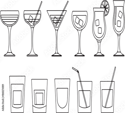 Variety of cocktail glasses with ice and straws for refreshing drinks