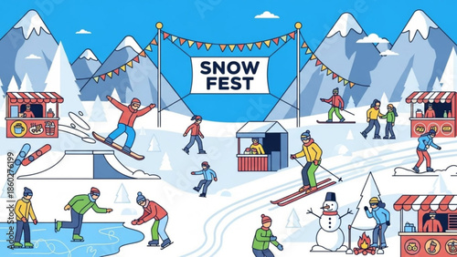 Winter Snow Fest illustration people enjoying winter sports and activities like snowboarding and skiing with food stalls and a snowman perfect for event promotion and seasonal design