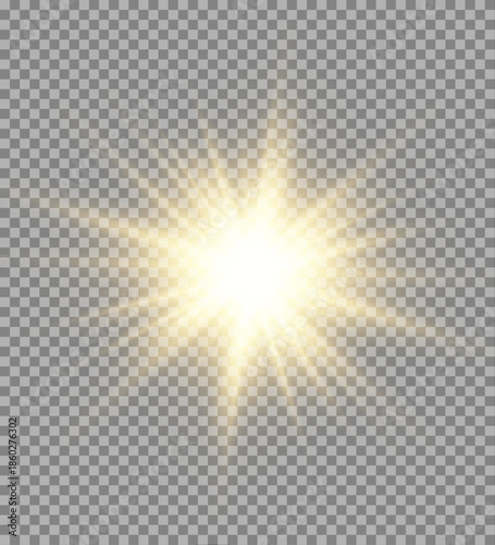 Shining sun with glowing rays emits golden light on a transparent background. Lens flare and sparkle effects create realistic illumination. Perfect for cosmic, summer, or magical designs.