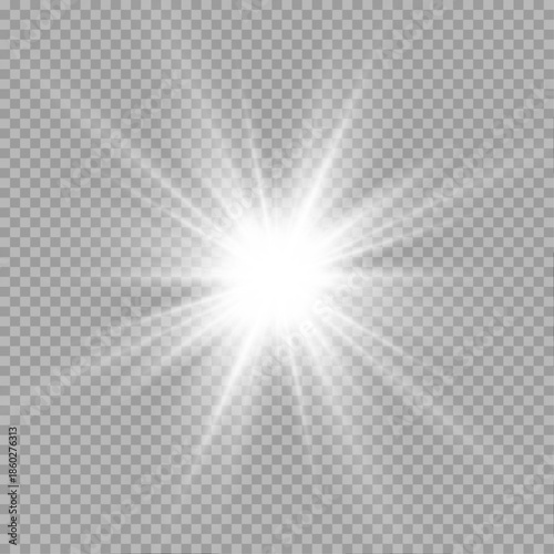 Vector starburst glows with sparkling light particles on a transparent background. Lens flare adds dynamic magical effect. Perfect for holiday graphics, banners, or cosmic art.