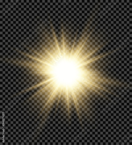 Bright golden starburst emits sparkling rays on a transparent background. Lens flare and glow effects enhance its magical appearance. Perfect for holiday graphics and festive illustrations.