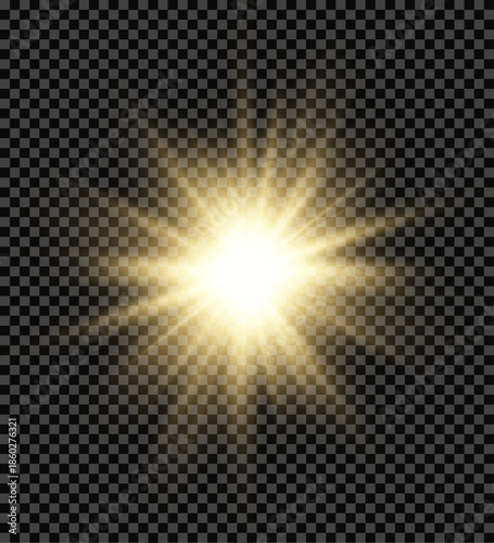 Golden sparkling star bursts with glowing rays on a transparent background. Soft glitter sparks enhance magical effect. Perfect for festive banners and digital designs.