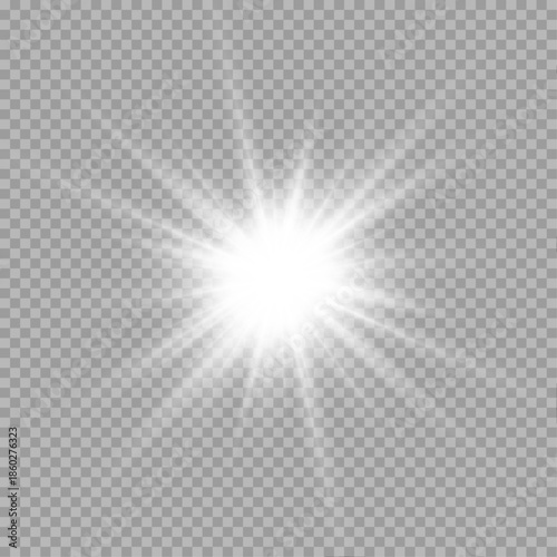 White sparkling star emits soft glowing rays. Lens flare and glitter enhance magical feel. Perfect for festive banners and digital designs.